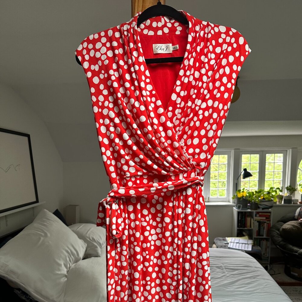 Eliza J Faux-Wrap Dress, Red w/white polka dots, size 6